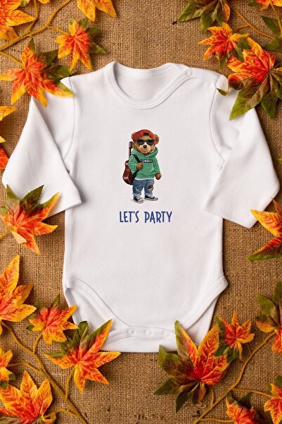 Organic 100% Cotton Teddy Bear Let's Party Printed Baby Body Long Sleeve Snap Fastener Snapsuit 5221