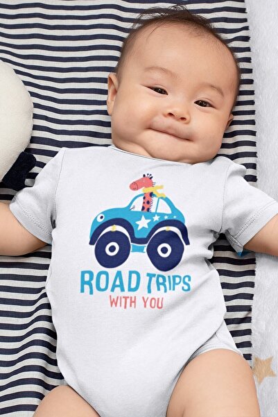 Overoz Road Trip Car Printed Organic 100% Cotton Baby Bodysuit - Short Sleeve...