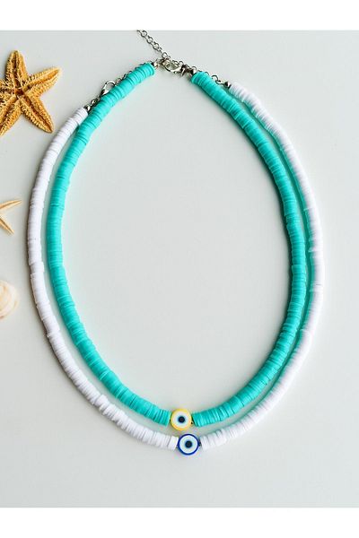 DENİZDENAL Turquoise and White Evil Eye Bead 2-Piece Fimo Summer Necklace