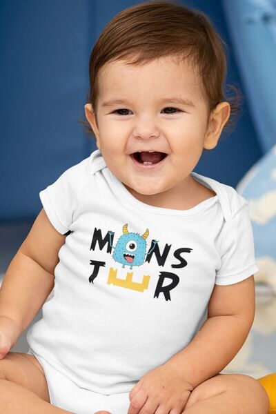 Overoz بدلة أطفال من القطن العضوي بنسبة 100% مطبوعة على شكل وحش - بأكمام قصير...