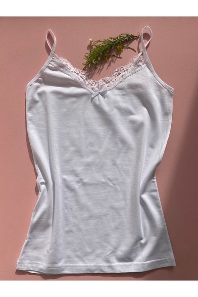 LEYNA BUTİK V-Neck Lace White and Black 2-Piece Cotton-Lycra Tank Top Set