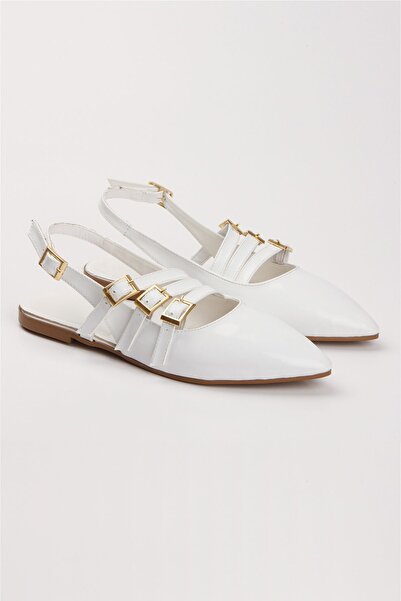 Lideral Piele lacuita alba - Balerini de dama deschisi cu catarama de curea