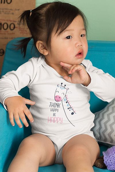 Overoz Think Happy Giraffe Printed Organic Baby Body - Long Sleeve, Snap Fastener 100% Cotton 5511