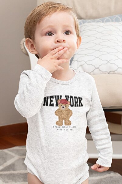 Overoz Organik %100 Pamuk Teddy Bear New York Baskılı Uzun Kollu Çıtçıtlı Beb...
