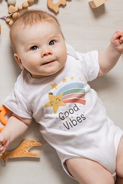 Overoz بدلة أطفال من القطن العضوي المطبوع من Good Vibes - بدلة للجسم بأكمام ق...