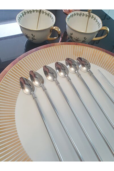 LOVYCO Set of 6 Stainless Chrome Straw Cocktail Bar Spoons and Cleaning Brush, Latte Spoon with Straw 22 Cm