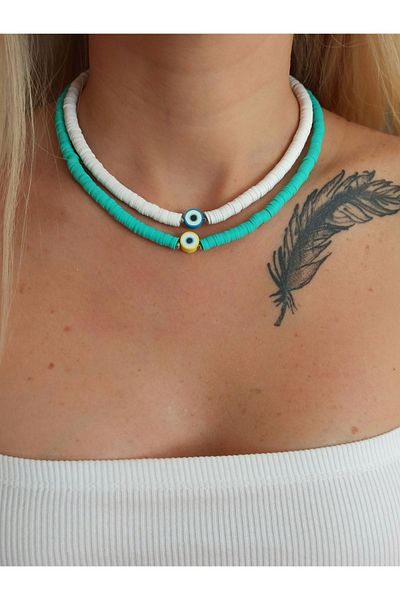 DENİZDENAL Turquoise and White Evil Eye Bead 2-Piece Fimo Summer Necklace