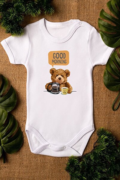 Overoz Good Morning Teddy Bear - 100% قطن عضوي، كم قصير، بدلة أطفال 5364