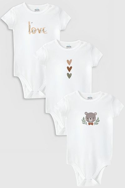 Overoz Organic 100% Cotton Love 3-Piece Baby Bodysuit White Baby Bodysuit with Snap Fasteners Triple 5777-5778-5779