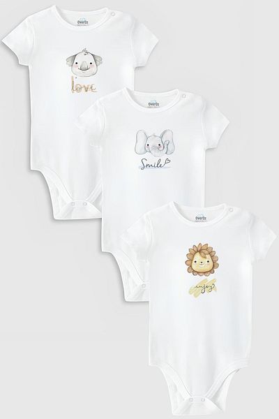 Overoz Organic 100% Cotton Lion 3-Piece Baby Bodysuit White Baby Bodysuit with Snap Fasteners Triple 5805-5806-5807