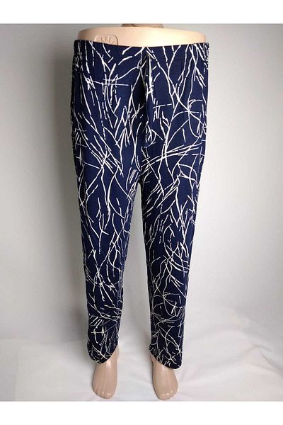 YAŞAR TRİKO Navy Blue Cream Patterned - Viscose Women's Bottomwear with Double Pockets and Elastic Waist