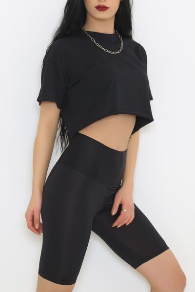 OXVİN Colanți sport cu talie înaltă pentru femei Pantaloni scurți-negru mat