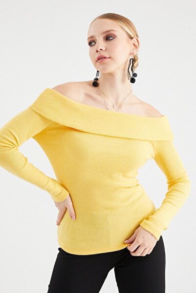 Siyah Kadın Hardal Madonna Yaka Şardonlu Likralı Pamuklu Kaşkorse Triko Bluz ...