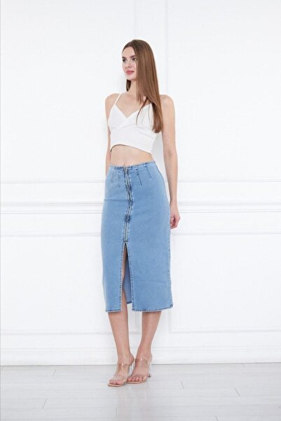 Siyah Kadın Mavi Önden Derin Yırtmaçlı Boydan Fermuarlı Yüksek Bel Kot Etek