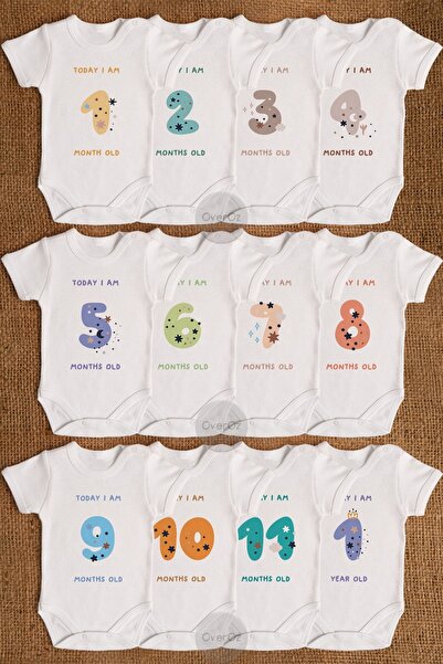 Overoz 0-1 Year Old Unisex Baby Bodysuit Set - 12-Piece Bodysuit Monthly