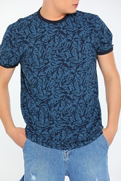 OXVİN Ανδρικό μπλουζάκι υψηλής ποιότητας με ελαστικό σχέδιο με μανίκι μπλε ναυτικό