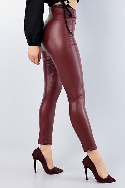 Siyah Kadın Burgundy Raised Woolen High Waist Full Mold Lycra Leather Leggings Pants 90 Cm