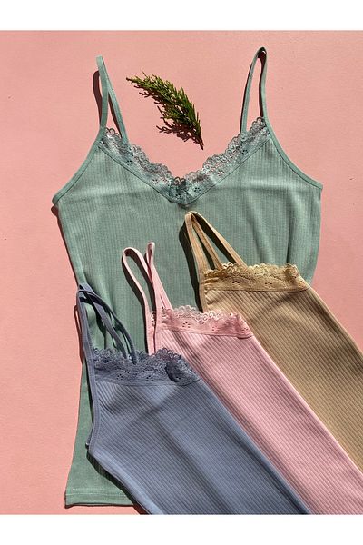 LEYNA BUTİK Women's 4 Rope Strap Cotton, Lycra, Lace, Ribbed Ribbed Undershirt (Pink-Blue-Green-Skin)