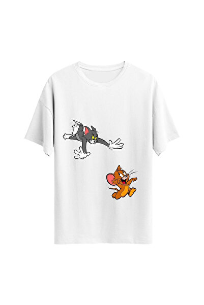 kenoger Tricou unisex oversize cu decolteu cu imprimeu Tom și Jerry