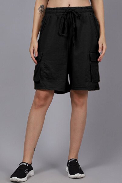 OXVİN Multi Pocket Bel Lastikli Bağcıklı Oversize Bermuda Kadın Şort (rahat Kalıp)