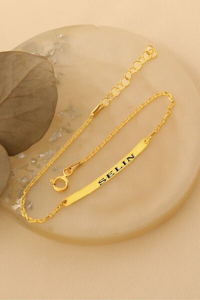 Nox Jewelry 925 Ayar Gümüş Kişiye Özel Ince Plaka Bileklik Gold-45