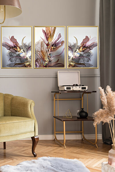Linacci Üçlü Gold Metal Çerçeve Mor Çiçek Mermer Cam Poster Tablo Seti