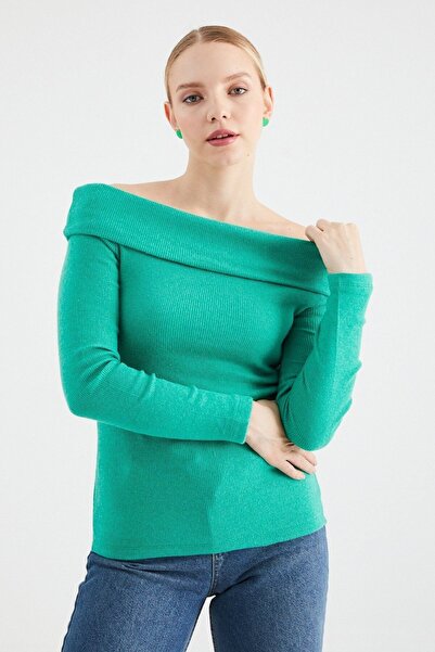 KaSheHa Yeşil Madonna Yaka Şardonlu Kaşkorse Uzun Kollu Bluz 60 Cm