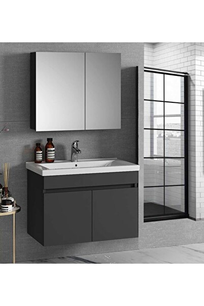 Alfa Banyo Viola1 Antrasit 80 Cm Ayna Dolaplı Seramik Lavabolu Mdf Banyo Dolabı Seti**hazır Kurulu**