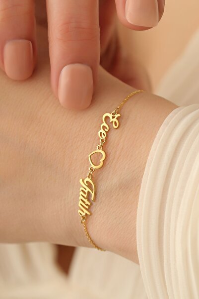 Nox Jewelry 925 Ayar Gümüş Kişiye Özel Iki Isimli Kalp Detaylı Bileklik. Gold...