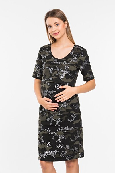 Perla Blanca Kadın Yeşil Kamuflaj Desen Emzirme Özellikli Yaldızlı Elbise
