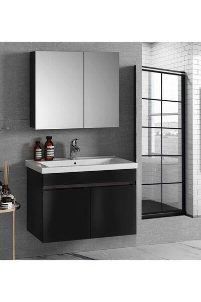 Alfa Banyo Viola 80 Cm Mdf-hazır Kurulu-aynalı Banyo Dolabı-lavabolu Banyo Dolabı Takımı-siyah.