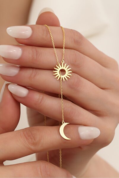 Nox Jewelry 925 Ayar Gümüş Güneş ve Hilal Kolye Gold