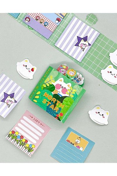 Kağıt Gemi Dükkan Green Star Patterned Northern Cats Post-it