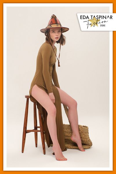 Eda Taşpınar Meat Iconic Design Brown Deep Slit Dress
