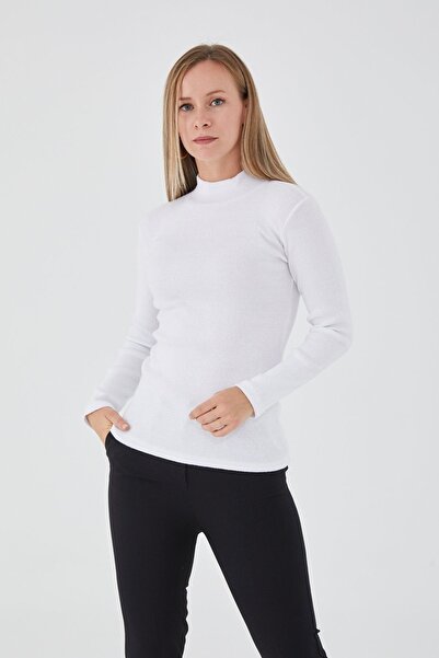 KaSheHa Beyaz Dik Yaka Kaşkorse Balıkçı Ince Fitilli Triko Kazak