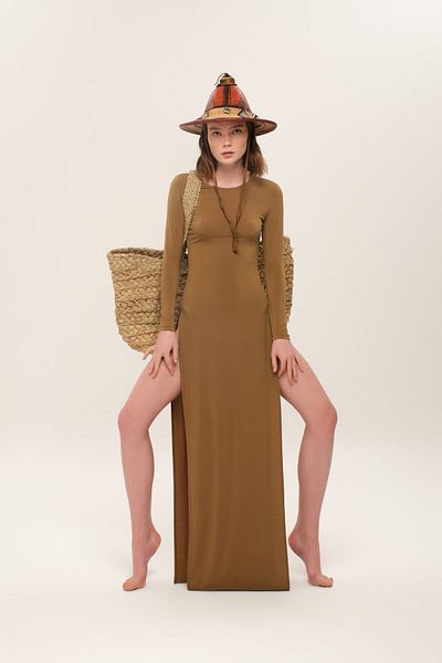 Eda Taşpınar Meat Iconic Design Brown Deep Slit Dress
