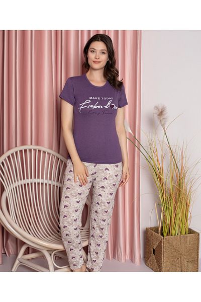 LİLA İÇ GİYİM Women's Cotton Short Sleeve Pajama Set