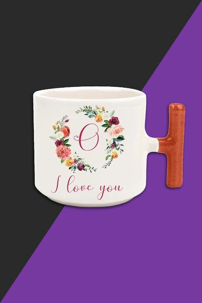 yhfoto كوب لاتيه بتصميم حرف O بلون كريمي - مقبض برتقالي