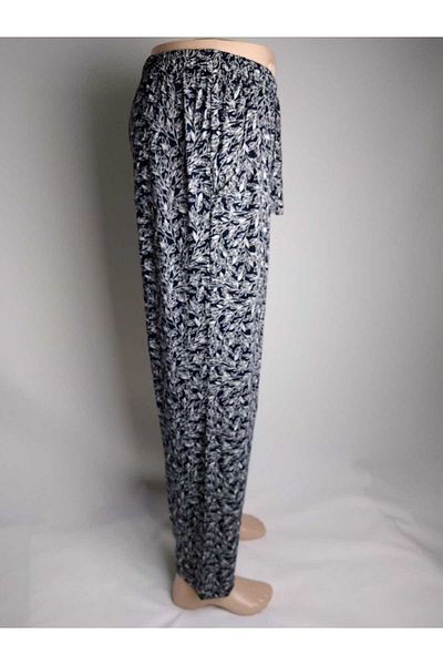 YAŞAR TRİKO Navy Blue Beige Patterned - Viscose Women's Bottomwear with Double Pockets and Elastic Waistband