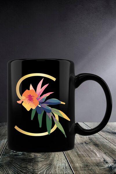 yhfoto S Harfli Kupa Bardak - Siyah Kupa * Çift Yön Baskı - S Çiçek Harf - Sk394