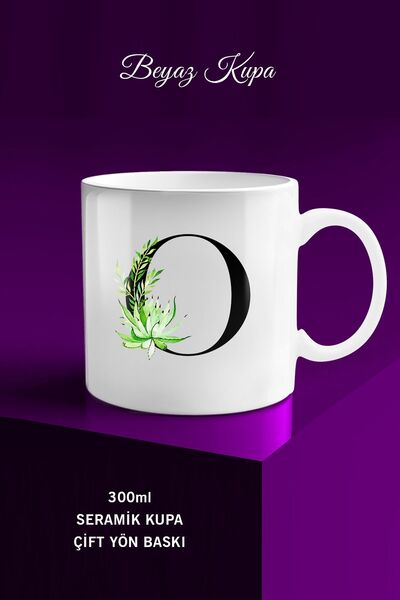 yhfoto O Harfli Kaktüs Tasarımlı Kulplu Kupa Bardak - Beyaz Kupa - White Cup Mug