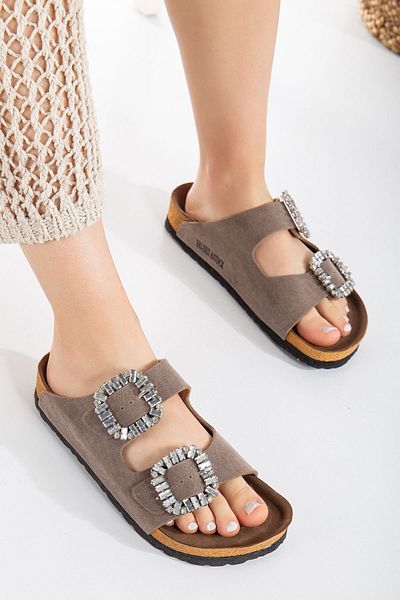 Valeriiastock Παντόφλες με πέτρινη αγκράφα New Season Ανοιχτό καφέ χρώμα με διπλή αγκράφα