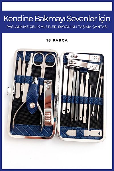 Nera Classy Stainless Steel Manicure&Pediküre 18 Piece Set with Navy Blue Leather Bag