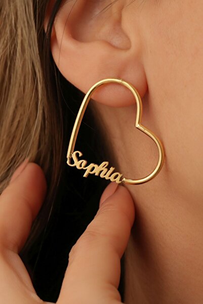 Nox Jewelry 925 Ayar Gümüş Kişiye Özel İsim Yazılı Kalp Küpe Gold