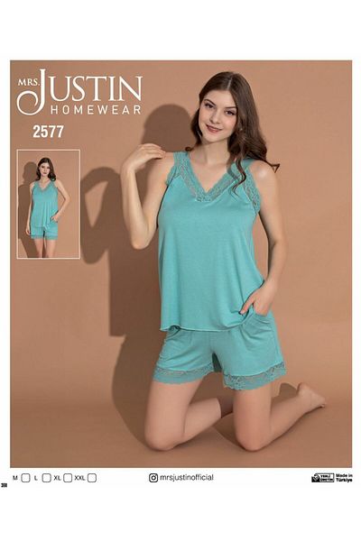 Mrs Justin 2577 Set pijamale din dantelă și îmbrăcăminte pentru acasă pentru femei - cu pantaloni scurți cu bretele