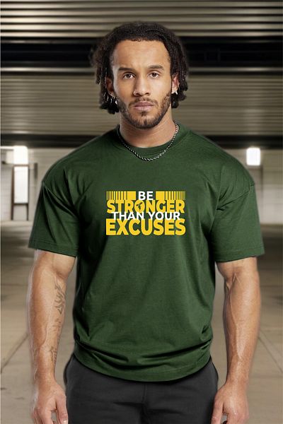 BESSA Be Stronger Printed Ανδρικό Χακί Oversize Βαμβακερό αθλητικό μπλουζάκι - Crew Neck