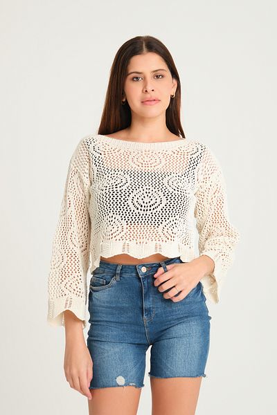 Giyim Dünyası Women's Openwork Boat Neck Crop Sweater Ecru