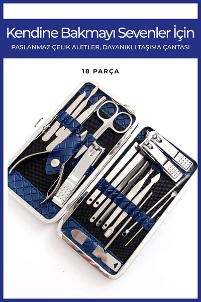 Nera Classy Stainless Steel Manicure&Pediküre 18 Piece Set with Navy Blue Leather Bag