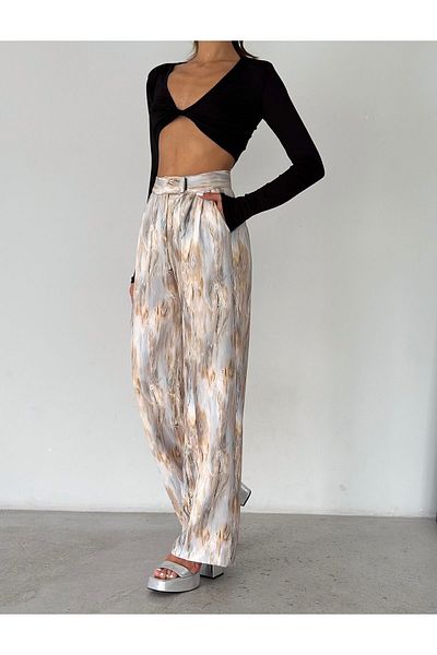AFA Marble Patterned Palazzo Women's Trousers - Velcro and Iron-free