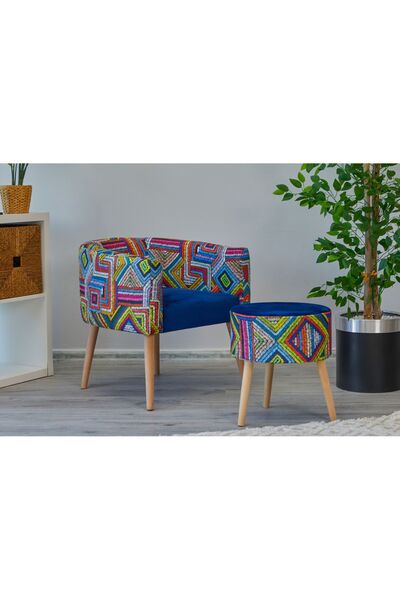 WEBPANYA Milano Çay Seti Renkli Mavi Tekli Koltuk Berjer Ve Puf Takımı (SALON, BALKON, OFİS) 2 Li Takım